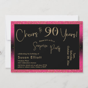Cheers to 90 Years Surprise Birthday, Deep Pink Invitation
