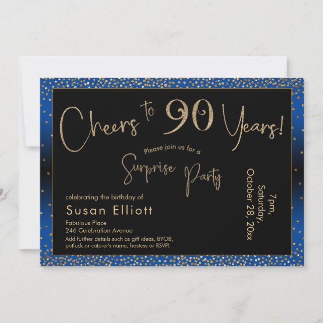 Cheers to 90 Years Surprise Birthday Gold & Blue Invitation (Front)