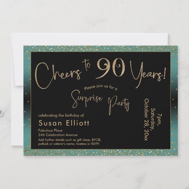 Cheers to 90 Years Surprise Birthday Teal and Gold Invitation (Front)