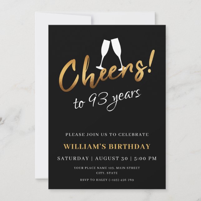 Cheers to 93 Years Gold Black Adult Birthday Photo Invitation (Front)