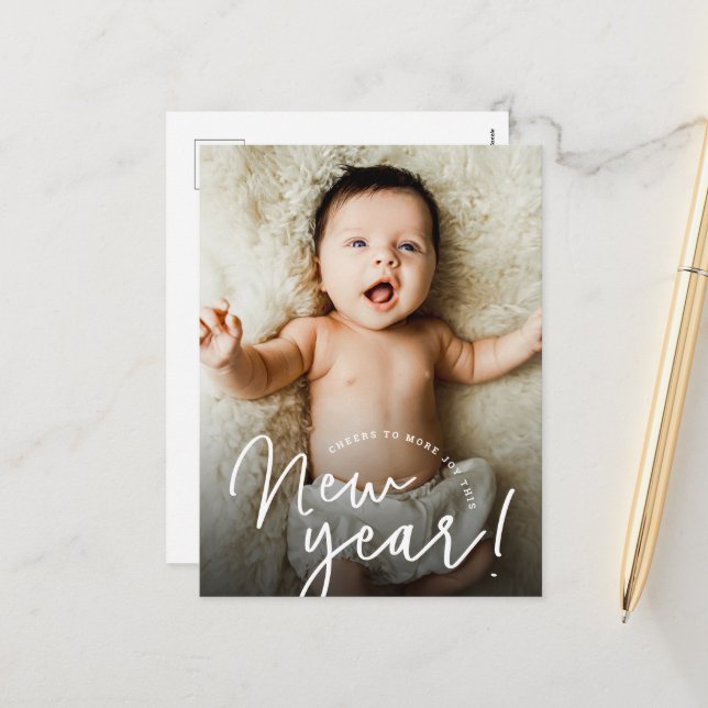 Cheers to a joyful New Year baby birth photo Holiday Postcard (Front/Back In Situ)