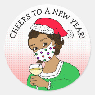 Cheers to a New Year, Ethnic Retro Lady  Facemask Classic Round Sticker