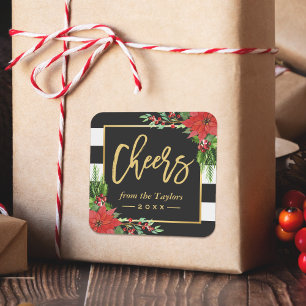Cheers to a New Year Gold Script Poinsettia Floral Square Sticker