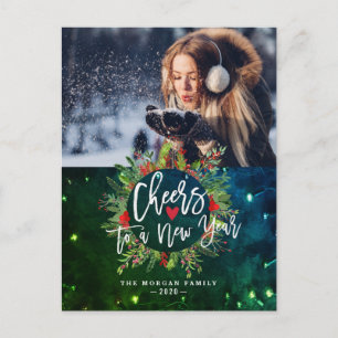 Cheers to a New Year Holly Wreath Greeting Photo Holiday Postcard