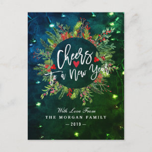 Cheers to a New Year Merry Christmas Holly Wreath Holiday Postcard