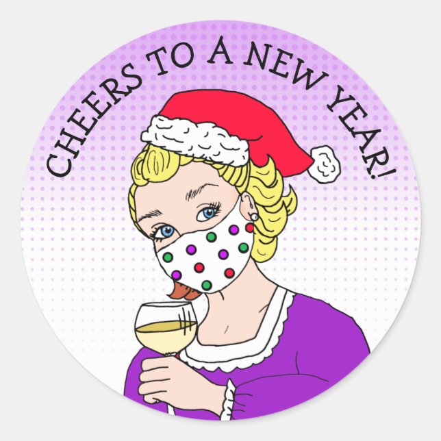 Cheers to a New Year, Retro Lady in Facemask Classic Round Sticker (Front)