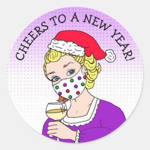 Cheers to a New Year, Retro Lady in Facemask Classic Round Sticker