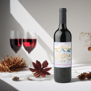 Cheers to a New Year Script Blue Gold Ribbon Pines Wine Label