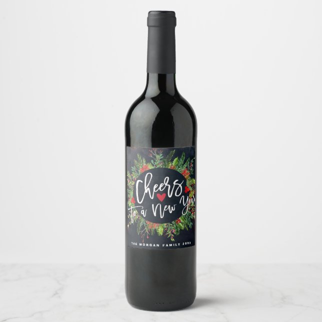 Cheers to a New Year Script Holly Wreath Greeting Wine Label (Front)