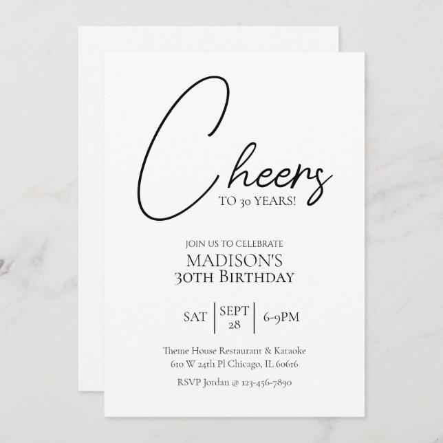 Cheers To Any Age 30th Black & White Birthday Invitation (Front/Back)