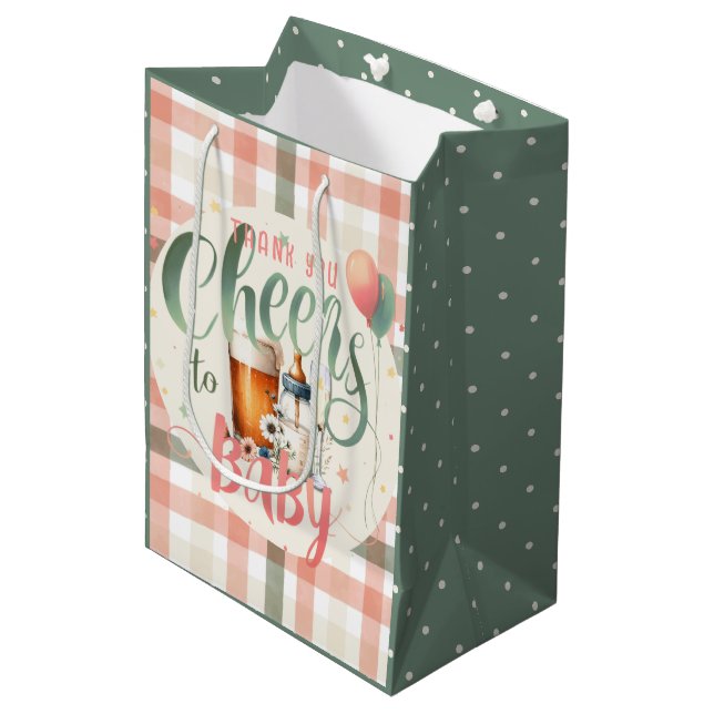 Cheers to Baby Sage Peach Gingham Favours Gifts  Medium Gift Bag (Front Angled)