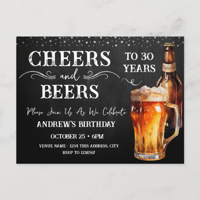Cheers to Beers 30th Birthday Postcard (Front)