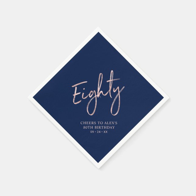 Cheers to Eighty Rose Gold & Navy 80th Birthday Napkin (Corner)