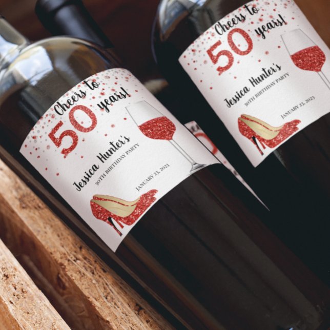 Cheers to Fifty years Red Glitter Wine Custom Label (Creator Uploaded)