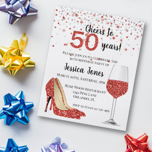 Cheers to Fifty years Red Glitter Wine Heels Invit Flyer