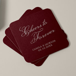 Cheers to Forever Burgundy Wedding Square Paper Coaster