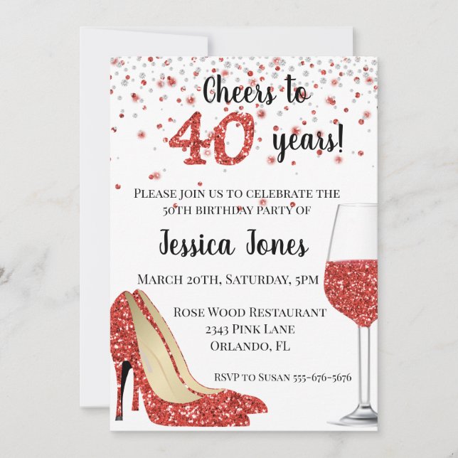 Cheers to Forty 40 years Red Glitter Wine Heels Invitation (Front)