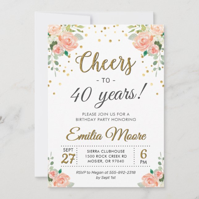 Cheers to Forty Years Ladies 40th Birthday Party Invitation (Front)
