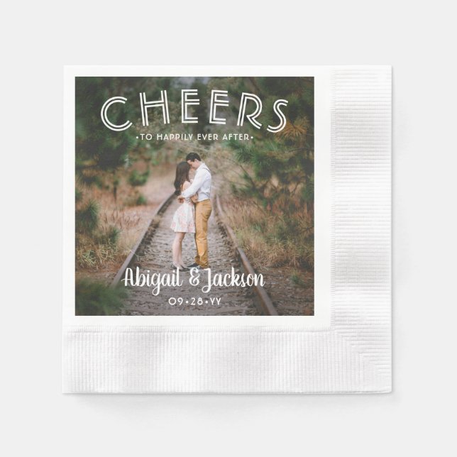 Cheers to Happily Ever After Elegant Photo Wedding Napkin (Front)