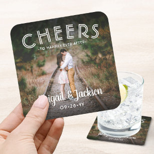 Cheers to Happily Ever After Photo Wedding Favor Square Paper Coaster