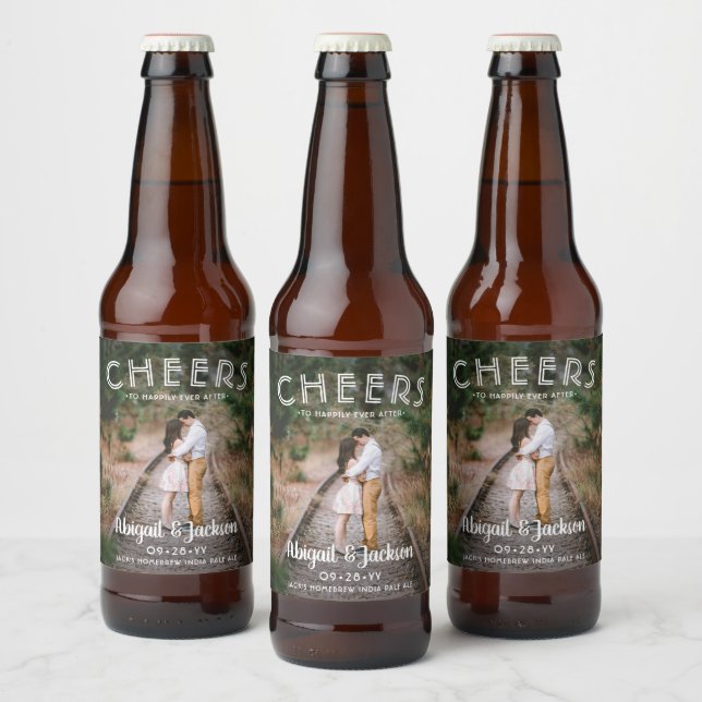 Cheers to Happily Ever After Photo Wedding Favour Beer Bottle Label (Bottles)