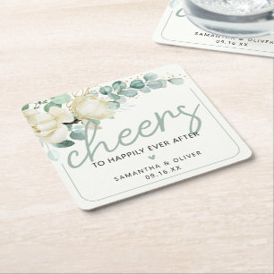 Cheers to Happily Ever After Wedding Favour  Square Paper Coaster