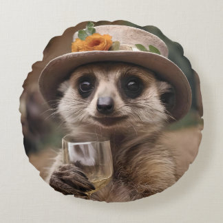 "Cheers to Life: Gran Meerkat Enjoys Glass Of Wine Round Cushion