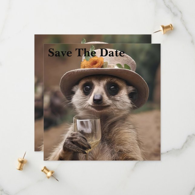 "Cheers to Life: Gran Meerkat Enjoys Glass Of Wine Save The Date (Front/Back In Situ)