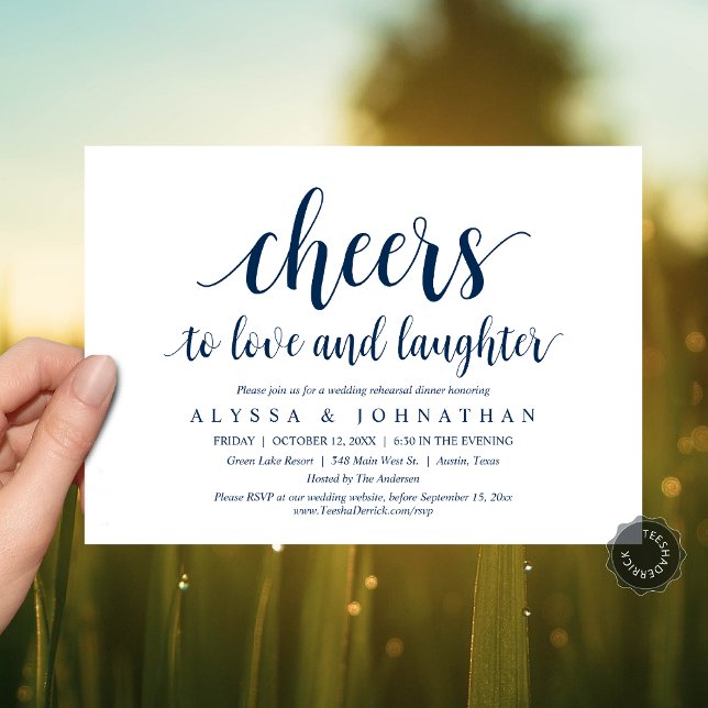 Cheers to love and laughter, Wedding Rehearsal Invitation (Cheers to love and laughter, Modern Wedding Rehearsal Dinner Invitation Card, PDF, Navy Blue)