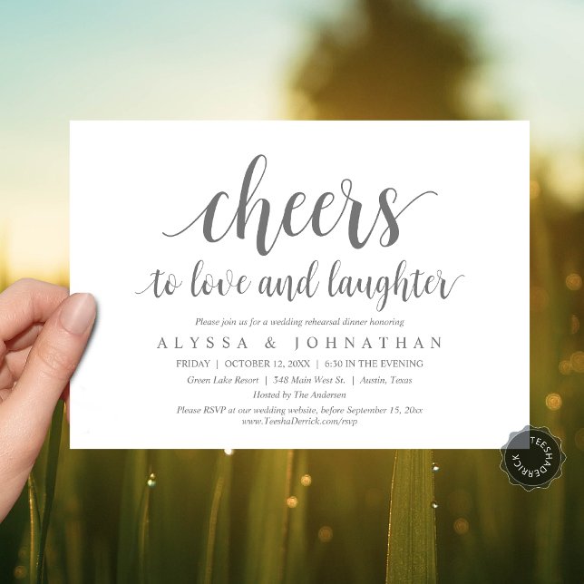 Cheers to love and laughter, Wedding Rehearsal Invitation (Cheers to love and laughter, Modern Wedding Rehearsal Dinner Invitation Card, PDF, Dark Grey)