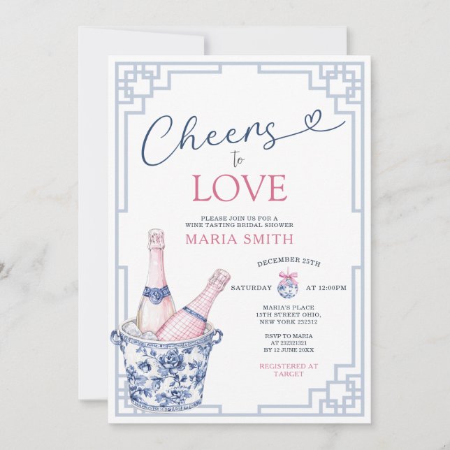 Cheers To Love Blue Chinoiserie Wine Bridal Shower Invitation (Front)