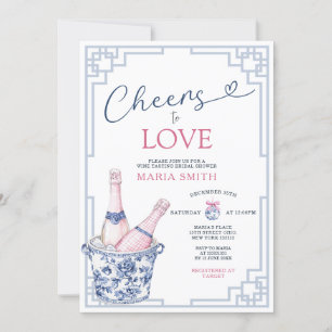 Cheers To Love Blue Chinoiserie Wine Bridal Shower Invitation