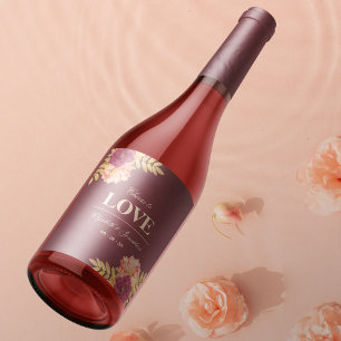 Cheers to Love Burgundy Rose Boho Elegant Wedding Wine Label