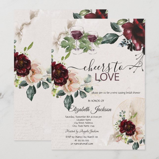 Cheers To Love Burgundy Roses Bridal Shower Invitation (Front/Back)
