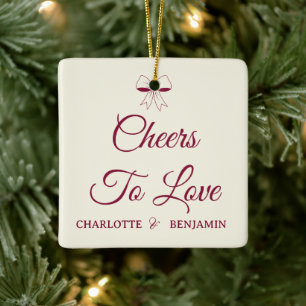 Cheers To Love Burgundy Script Ivory Bow Wedding Ceramic Ornament