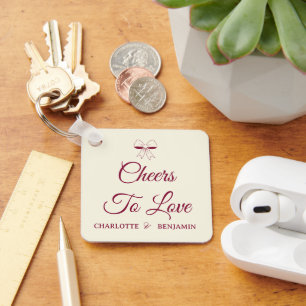 Cheers To Love Burgundy Script Ivory Bow Wedding Key Ring