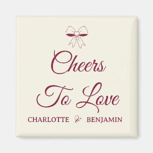 Cheers To Love Burgundy Script Ivory Bow Wedding Magnet