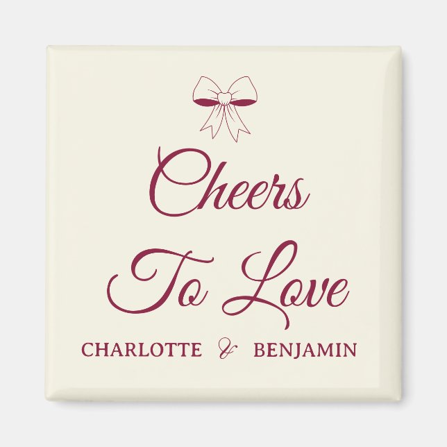 Cheers To Love Burgundy Script Ivory Bow Wedding Magnet (Front)