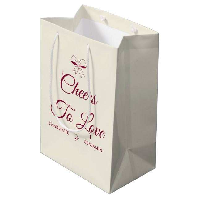 Cheers To Love Burgundy Script Ivory Bow Wedding Medium Gift Bag (Back Angled)