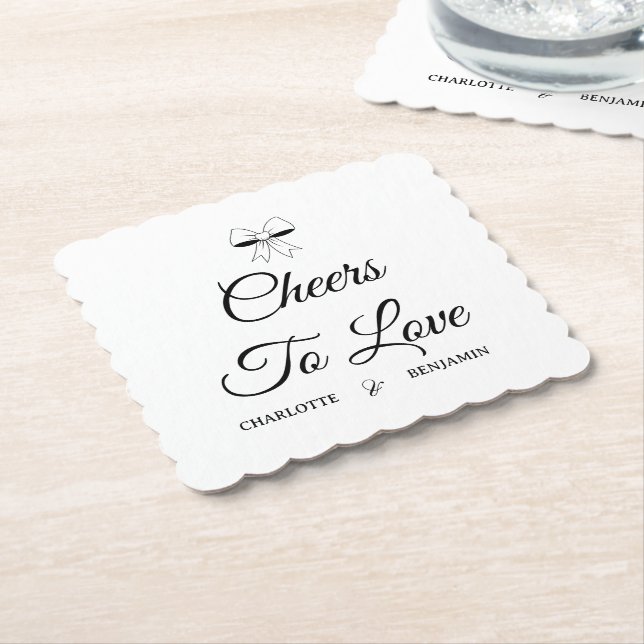 Cheers To Love Burgundy Script Ivory Bow Wedding Paper Coaster (Angled)