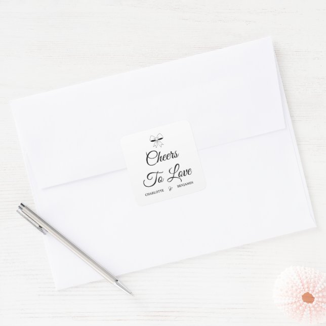 Cheers To Love Burgundy Script Ivory Bow Wedding Square Sticker (Envelope)