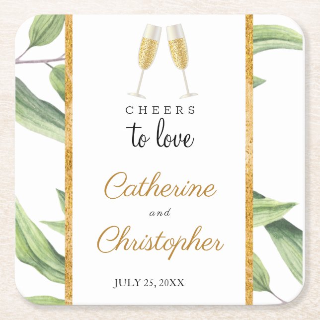 Cheers to Love Champagne Greenery Square Paper Coaster (Front)