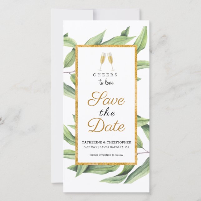 Cheers to Love Chic Champagne Botanical Wedding Save The Date (Front)