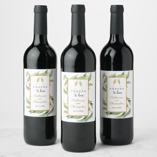 Cheers to Love Chic Sparkling Wine Botanical Weddi Wine Label (Bottles)