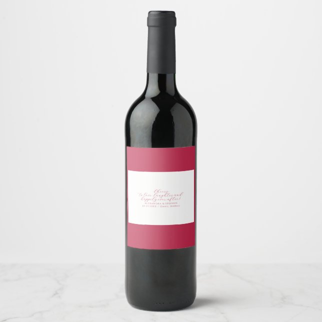 Cheers to Love Elegant Viva Magenta Script Wedding Wine Label (Front)