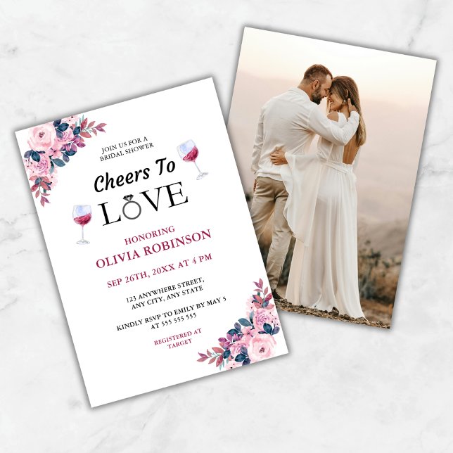 Cheers to Love Floral Photo Wine Bridal Shower Invitation (Cheers to Love Floral Photo Wine Bridal Shower Invitation )