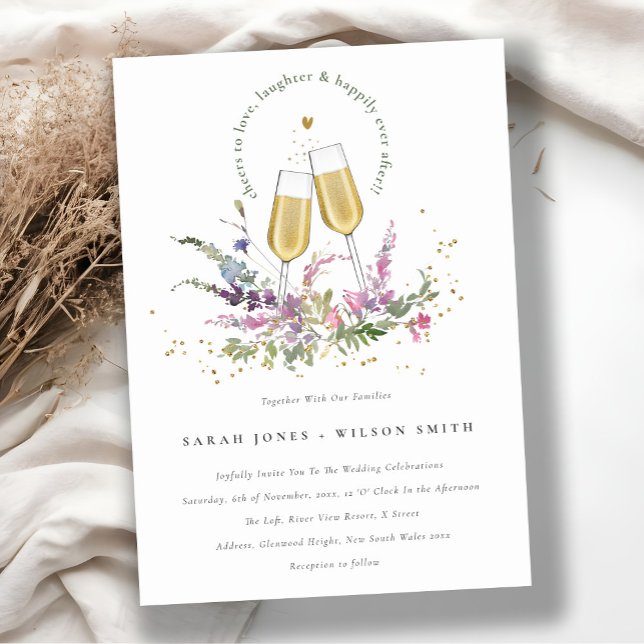 Cheers to Love Gold Wine Glasses Floral Wedding Invitation (Creator Uploaded)