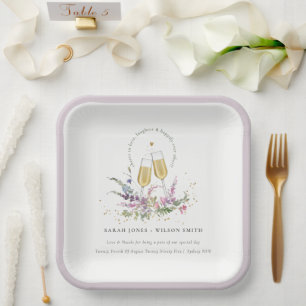 Cheers to Love Gold Wine Glasses Floral Wedding Paper Plate