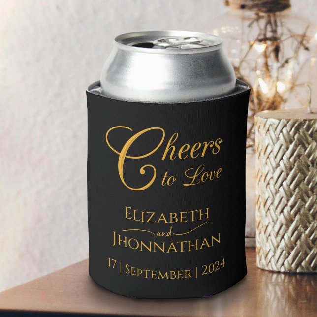 Cheers to Love Minimal Black & Gold Script Wedding Can Cooler (Creator Uploaded)