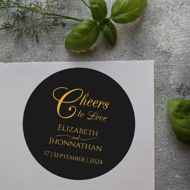 Cheers to Love Minimal Black & Gold Script Wedding Classic Round Sticker (Creator Uploaded)